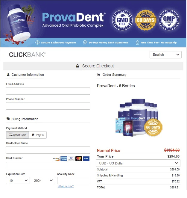 Provadent Checkout page